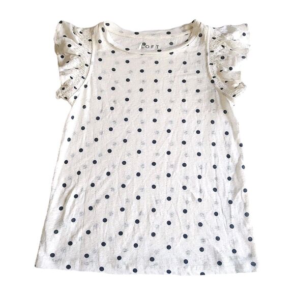 LOFT Tops - Ann Taylor LOFT Linen Short Ruffle Sleeve Top White/Navy Poka Dot Size XS